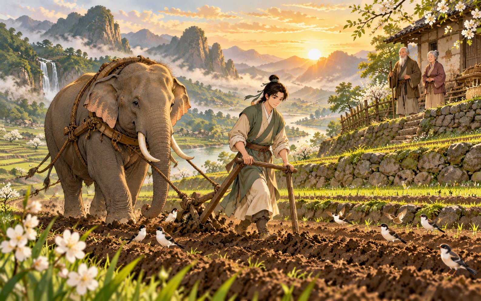 Đại Thuấn trên cánh đồng trong tranh anime