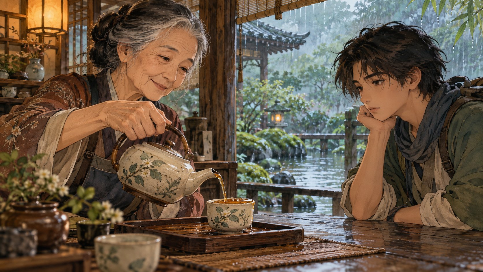 Bà cụ rót trà cho người lữ khách
